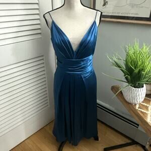 Badgley Mischka Dress 8 Teal Blue Silk Satin Deep V-Neck Cocktail Evening Glam